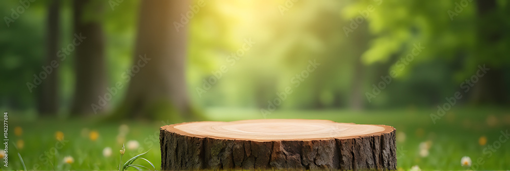 Poster use a tree stump as a rustic podium for a natural and minimalist product presentation in a peaceful 