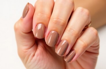 Fototapeta premium Close-up of beautiful women's hands during manicure, varnished with mousse mocha color with glossy highlights