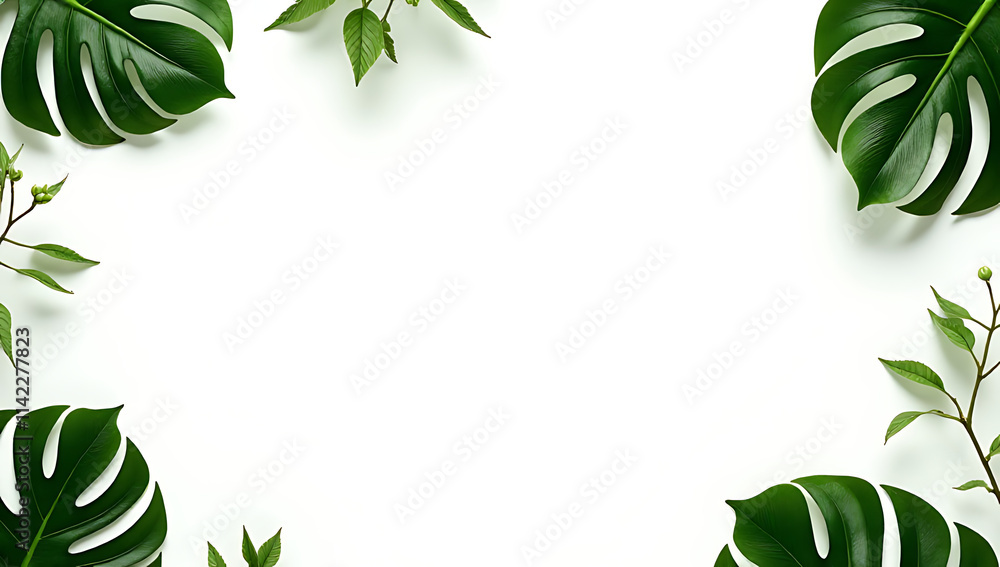Poster tropical leaves in a flat lay design create a simple yet striking botanical nature background on pur