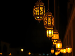 Glowing Lanterns: A row of ornate lanterns, illuminated against a dark backdrop, cast a warm glow, hinting at a celebration or festival.  