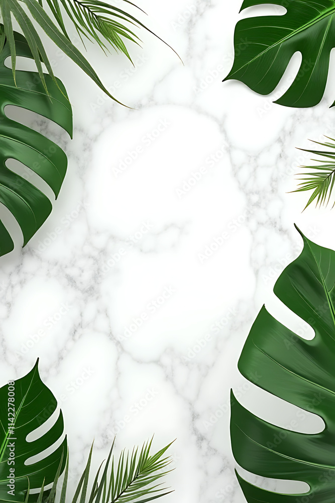 Poster tropical leaves are arranged on a large marble surface with plenty of copy space for nature and summ