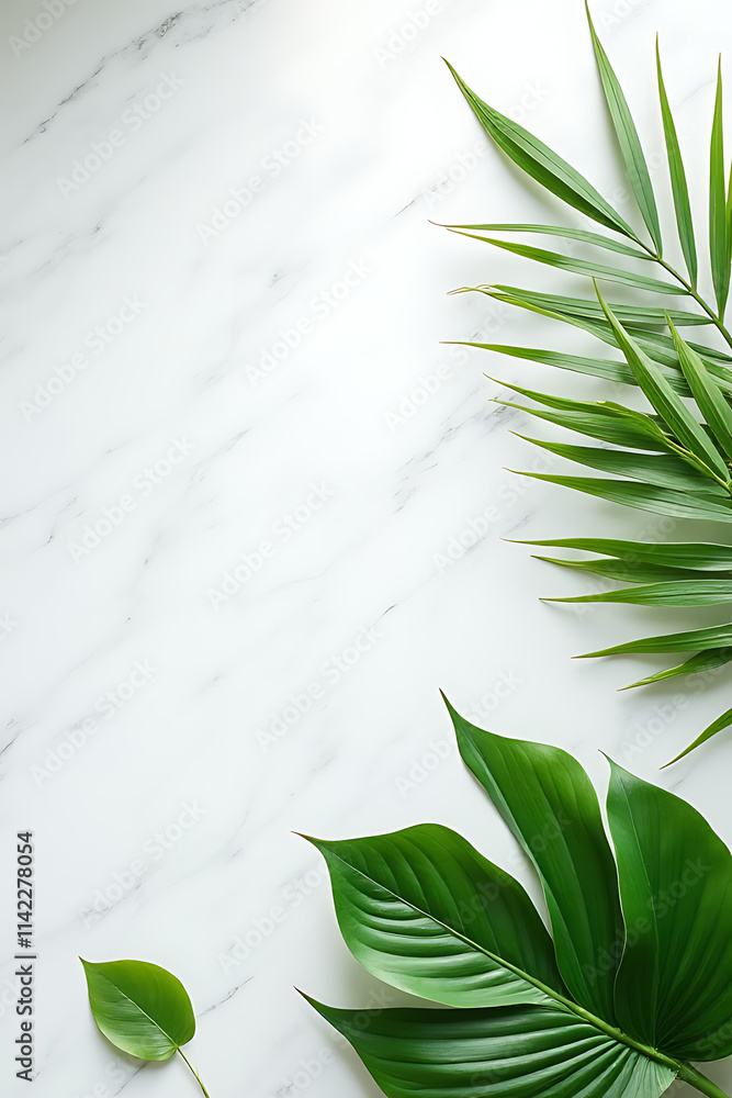 Poster tropical leaves are arranged on a large marble surface with plenty of copy space for nature and summ