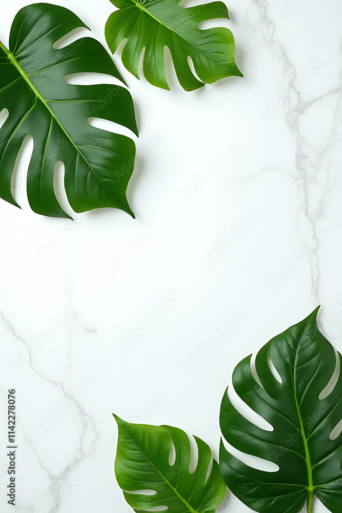 Poster tropical leaves are arranged on a large marble surface with plenty of copy space for nature and summ