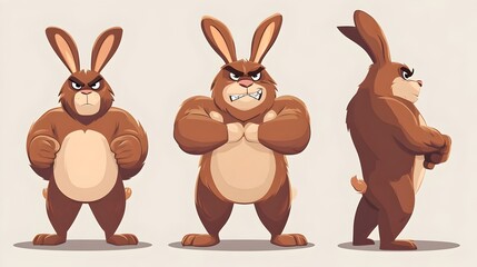 Fototapeta premium A muscular cartoon rabbit character mascot flexing its strong muscles in flat vector illustration. Concept for logos, team mascots, branding, strength, athletic or competitive branding themes.