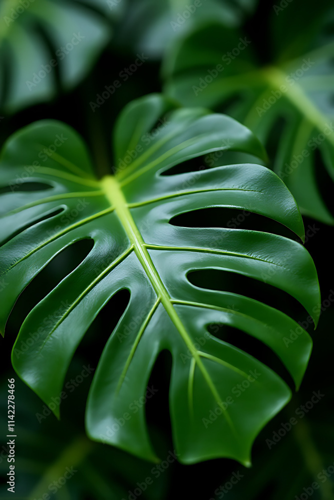 Poster tropical botanical concepts are featured with selective focus on real monstera leaves used in a deco