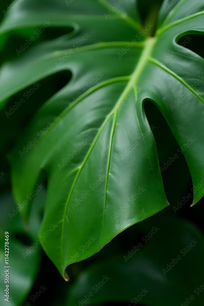 Poster Tropical botanical concepts are featured with selective focus on real monstera leaves used in a decorative composition design._00003_