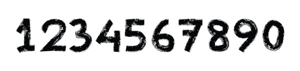 Collection grunge brush drawn numbers from 0 to 9. Hand drawn grunge symbols. Grunge dirty painted numbers set. Hand drawn ink drawing.