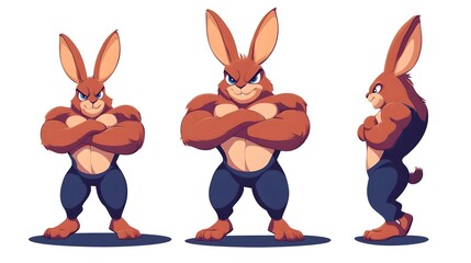 A muscular cartoon rabbit character mascot flexing its strong muscles in flat vector illustration. Concept for logos, team mascots, branding, strength, athletic or competitive branding themes.