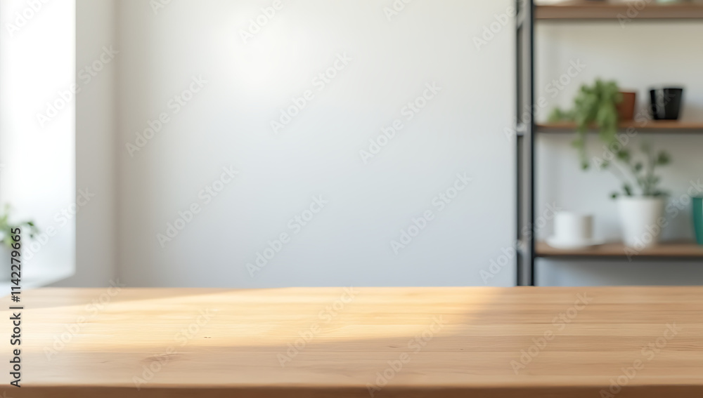 Aufkleber the wooden table top is in sharp focus against a blurred white wall with reflective glass background