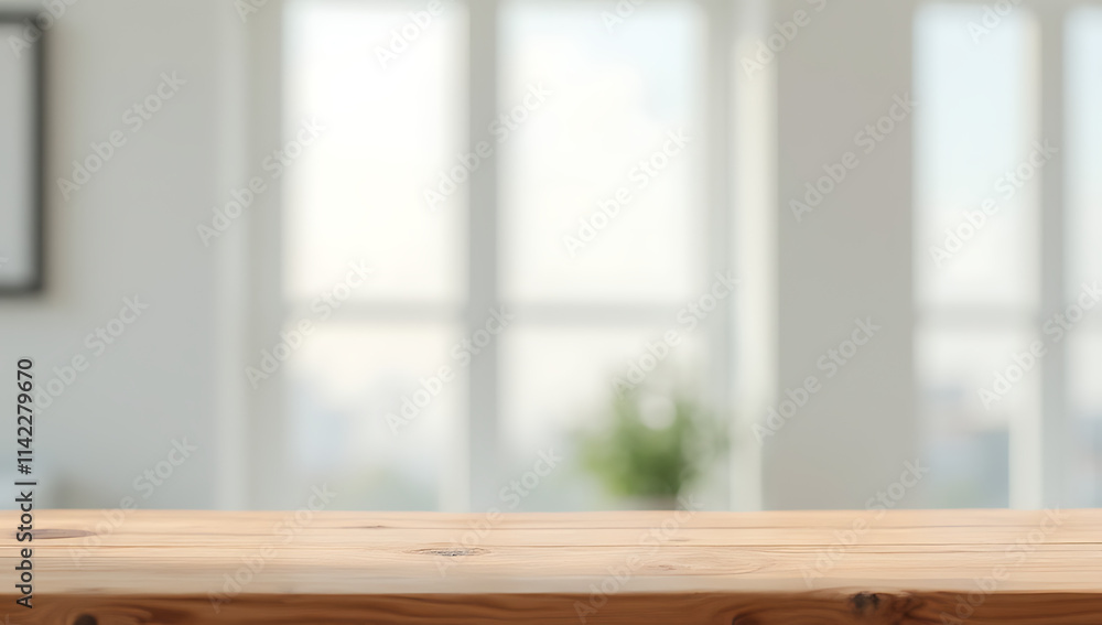 Poster The wooden table top is in sharp focus against a blurred white wall with reflective glass background elements._00003_