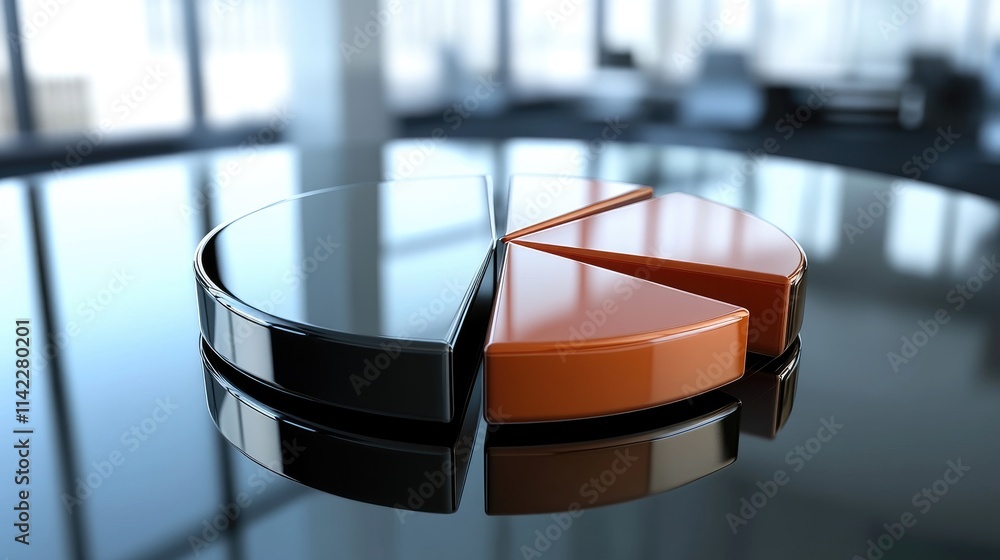 Poster a sleek 3d pie chart with polished metallic sections rising from a glossy surface, reflecting light,