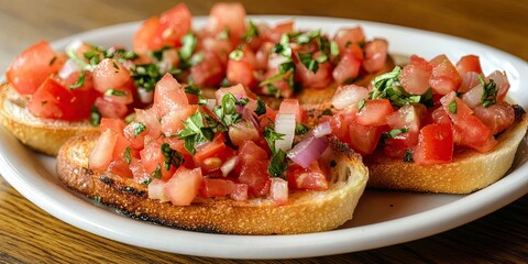 Bruschetta featuring a delightful combination of tomato, onion, and basil served on a wooden table creates a vibrant and inviting plate of bruschetta perfect for any gathering.