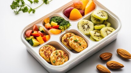 Healthy Indian kid Lunch Box with Vegetable Cutlets, Fresh Salad, Nuts, and Fruits in a Bento Box for Nutritious Meal Prep and Healthy Eating Concept