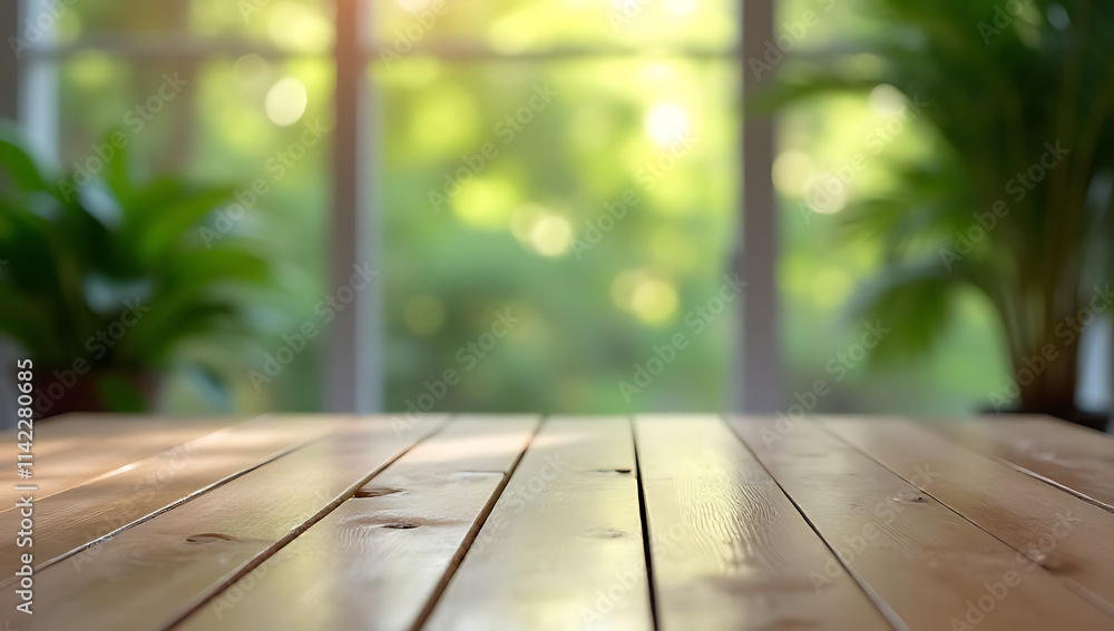 Poster the empty wooden tabletop was reflected in a blurred abstract image of a green garden outside the wi