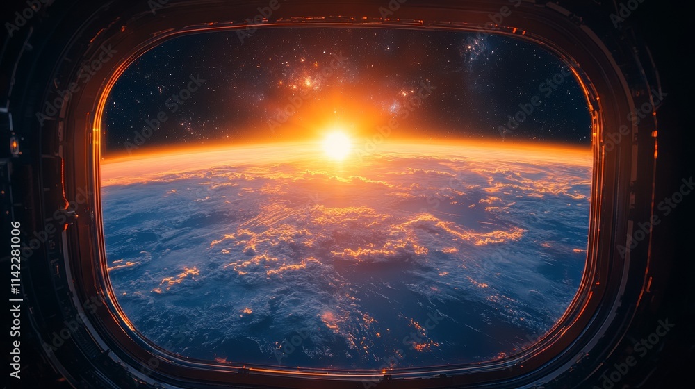 Poster sunrise over planet earth seen from spaceship window in outer space