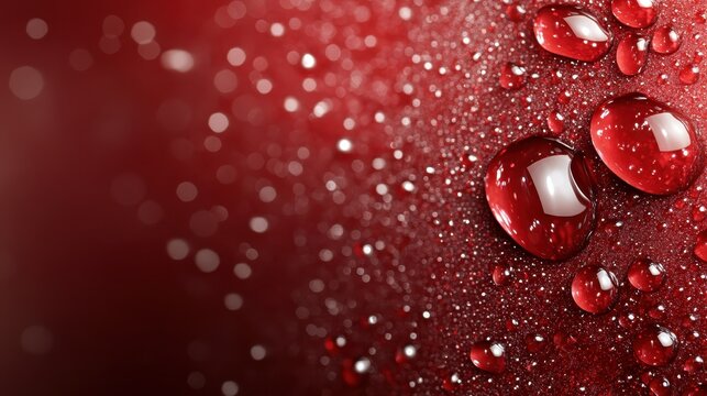 A close-up macro shot showcases water droplets on a vibrant red surface, creating a stunning visual blend of color and texture in a dramatic artistic style.