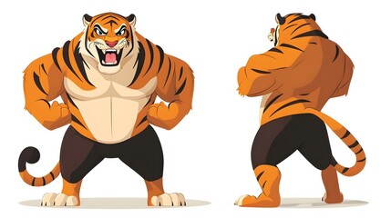 A muscular cartoon tiger character mascot flexing its strong muscles in flat vector illustration. Concept for logos, team mascots, branding, strength, athletic or competitive branding themes.