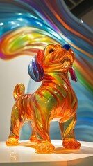 Colorful glass dog sculpture standing on a white pedestal