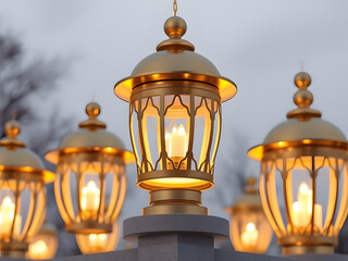 Golden Hour Glow: Elegant lanterns illuminate the scene, casting a warm, inviting ambiance.  The intricate details and soft light create a sense of timeless beauty and peaceful serenity.