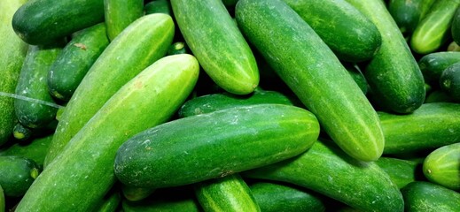 Fresh green cucumbers fruit or timun background for sale at traditional market