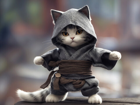A cute and fluffy cat dressed in an intricate ninja outfit