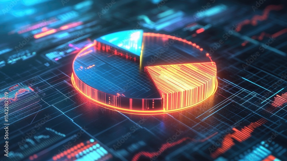 Poster a stylized 3d pie chart with metallic segments, each segment illuminated by neon lights, set against