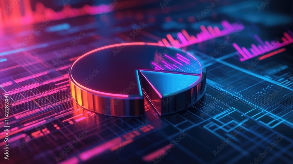 Poster a stylized 3d pie chart with metallic segments, each segment illuminated by neon lights, set against