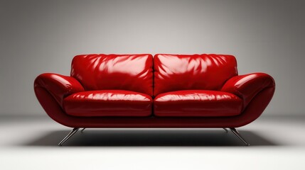 A sleek, modern red leather couch with a glossy finish stands out elegantly against a gray backdrop, embodying a sense of luxury and contemporary design.