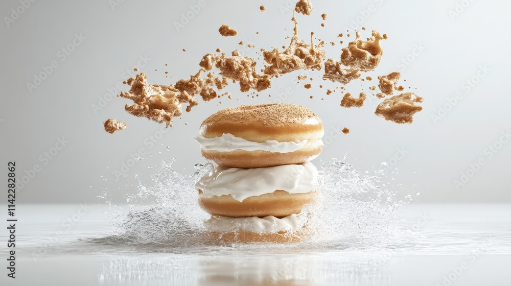 Aufkleber delicious creamy donuts splashing in water with crumbled topping, creating a dynamic and appetizing 