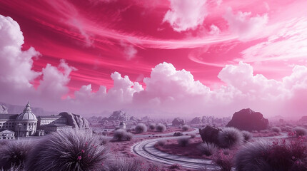 A digital background presenting a surreal scene in dramatic cinematic style using infrared tones, emphasizing film-like composition, lighting, and an otherworldly appearance