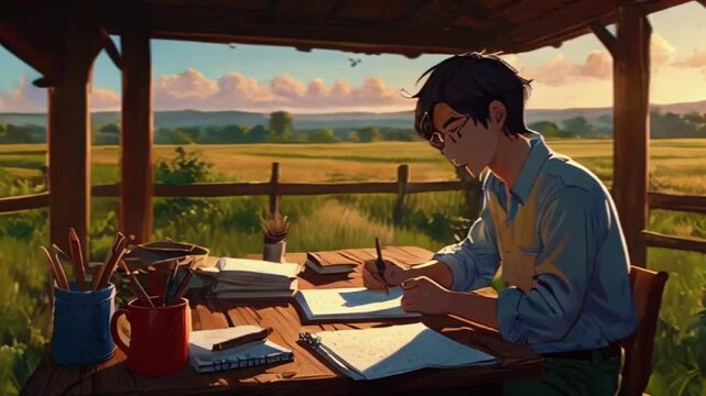 A lofi anime boy is writing in a notebook on a rustic wooden desk, surrounded by fields. The sound of crickets and a soft breeze plays in the back, 4k High-Quality Wallpaper Background Animation Video