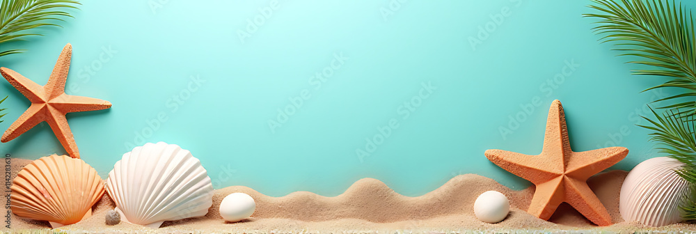 Poster Summer time concepts feature seashell starfish and coastal decorations on an abstract style beach background design._00003_