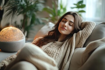 Air Humidifier Device At home and Woman relaxing on the sofa, Generative AI