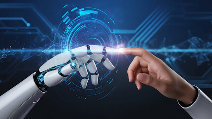 Artificial Intelligence Robot Hand Reaching to Touch Human Finger: AI and Human Interaction Concept,  AI outreach, robotics interaction, AI interface, human-tech integration.