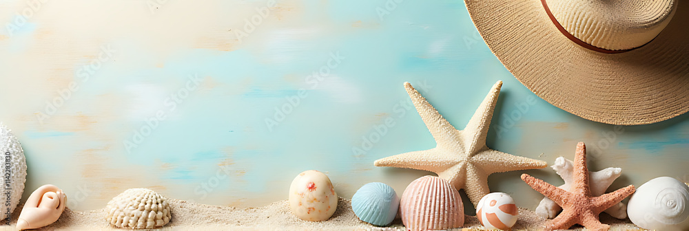 Poster summer time concepts feature seashell starfish and coastal decorations on an abstract style beach ba