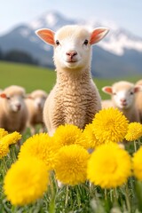 Naklejka premium Fluffy lamb stands among vibrant yellow flowers in a lush meadow with mountains in the background during bright daylight. Generative AI