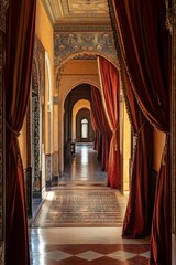 Obraz premium Ornate hallway, arched doorways, rich fabrics, sunlight.