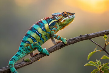 A vibrant chameleon perched on a branch, showcasing its striking green and blue colors against a warm sunset background.