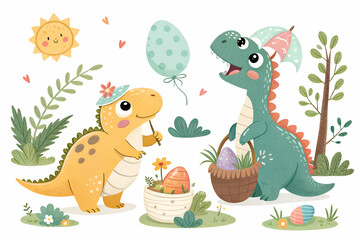 Fototapeta premium Two playful dinosaurs celebrate Easter with eggs, balloons, and a sunny backdrop filled with plants and cheerful colors.