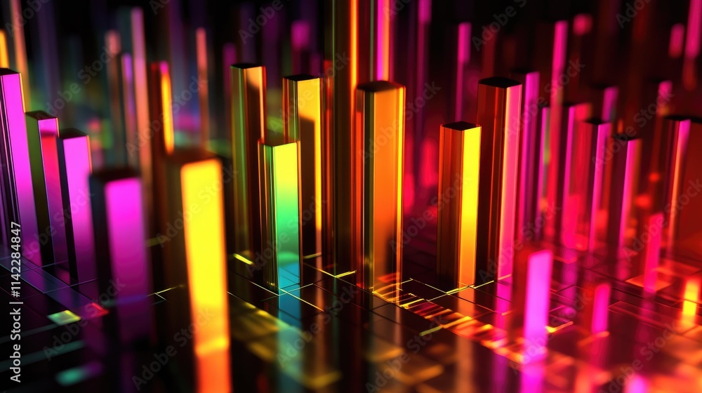 Poster a vibrant 3d bar chart with glowing, metallic bars in different heights, showcasing business growth 