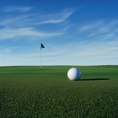 Obraz premium A white golf ball sits on a green grass field next to a flag