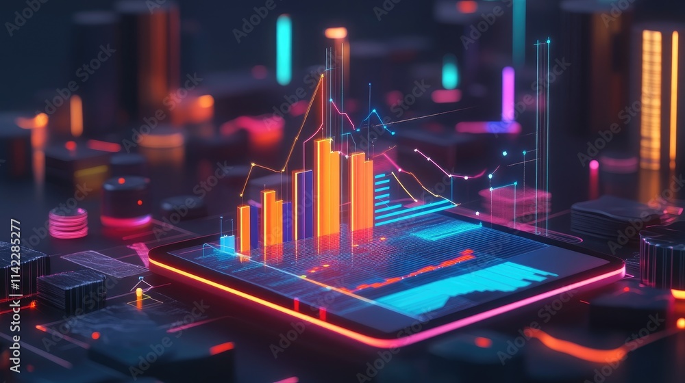 Poster a vibrant 3d financial chart featuring colorful segments and glowing lines, displayed on a digital t