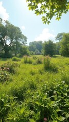 Lush green summer landscape, vibrant foliage, sunny day, hills, clouds
