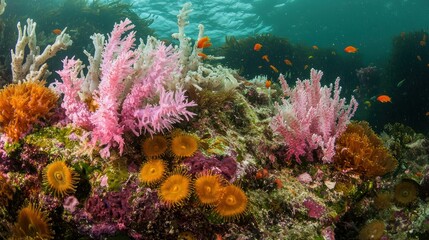 Naklejka premium A vibrant coral reef teeming with colorful marine life, highlighting ecological diversity