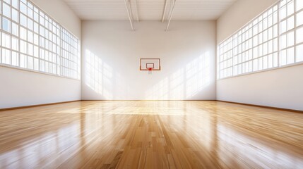 Fototapeta premium An indoor basketball court with polished wooden flooring and a basketball hoop.