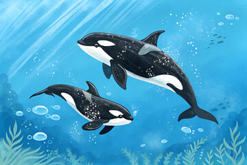 Fototapeta premium Two orcas swim gracefully in a vibrant underwater scene, surrounded by bubbles and aquatic plants.