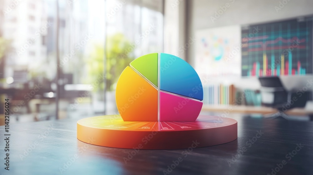 Poster a vibrant 3d pie chart with colorful segments rising from the surface, symbolizing financial data, s