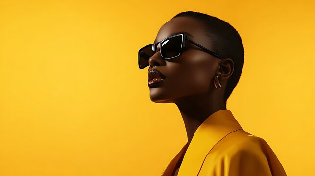 Female model in bold asymmetrical fashion, posed under abstract studio lighting