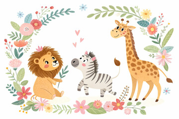 A cheerful scene featuring a lion, zebra, and giraffe surrounded by colorful flowers and leaves.