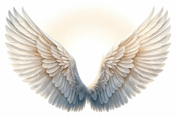 Fototapeta premium Ethereal white angel wings spread wide, symbolizing purity, freedom, and spirituality against a soft, luminous background.